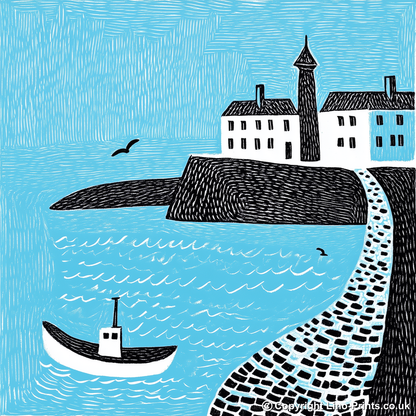 St Ives Harbour, Cornwall Linoprint-Style Art (819-2)