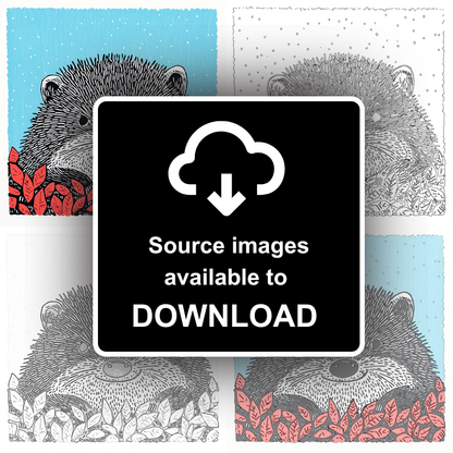 Hedgehog in autumn leaves Linoprint-Style Art (717-1)