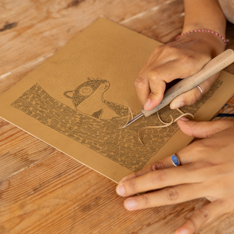 Cute Chipmunk Linoprint-Style Art (213-1)