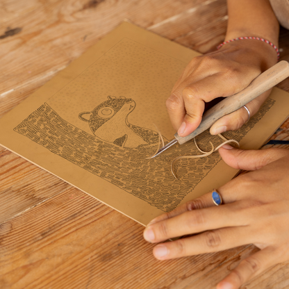 Cute Chipmunk Linoprint-Style Art (213-1)