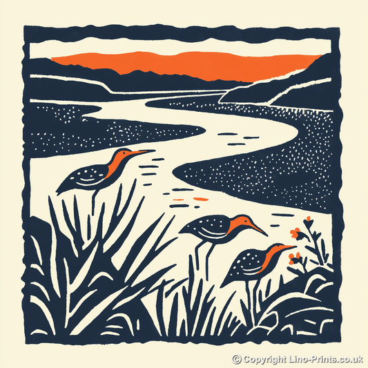 Redshanks feeding at the edge Linoprint-Style Art (2019-1)