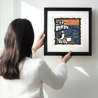 Puffin on cliff edge Linoprint-Style Art (105-1)