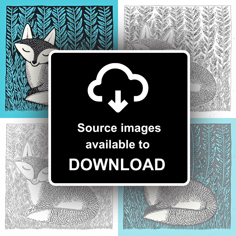 Ferns with resting fox Linoprint-Style Art (713-1)