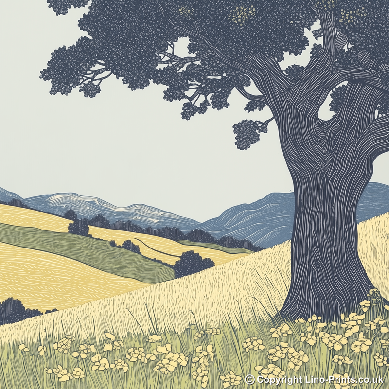 Ancient Oak tree in a valley Linoprint-Style Art (2356-2)