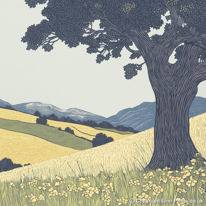 Ancient Oak tree in a valley Linoprint-Style Art (2356-2)