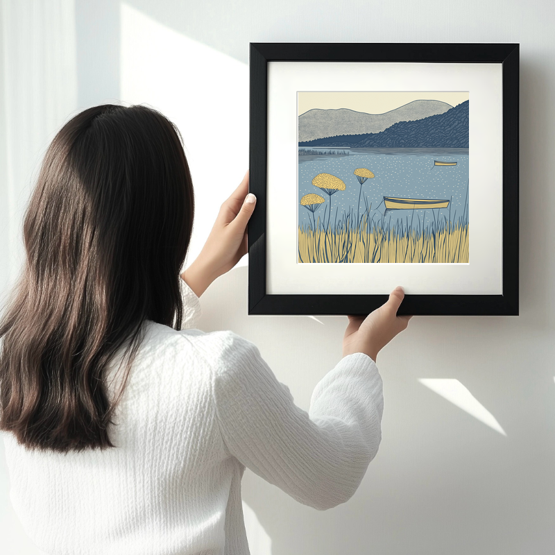Windermere lake shore with boats Linoprint-Style Art (2604-2)