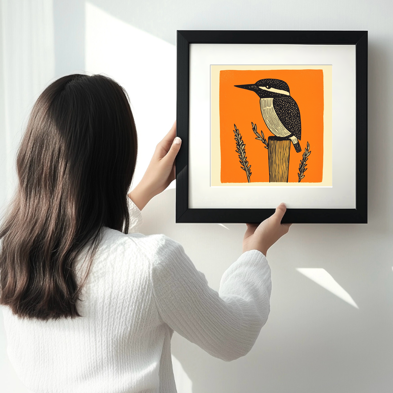 Kingfisher on a reed Linoprint-Style Art (259-1)