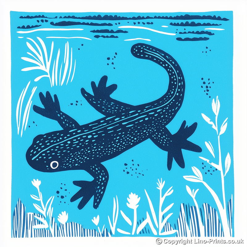 Newt in clear water Linoprint-Style Art (1015-1)