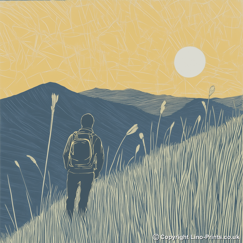 Hiker silhouette watching sunset over fells Linoprint-Style Art (2455-3)