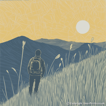Hiker silhouette watching sunset over fells Linoprint-Style Art (2455-3)