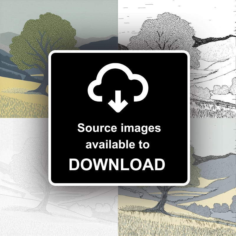Ancient Oak tree in a valley Linoprint-Style Art (2356-1)