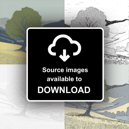 Ancient Oak tree in a valley Linoprint-Style Art (2356-1)