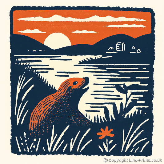 Cute Baby Beaver Linoprint-Style Art (44-1)