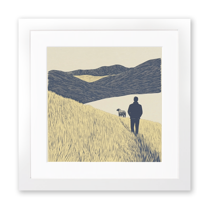 Shepherd and sheepdog silhouette Linoprint-Style Art (2545-1)