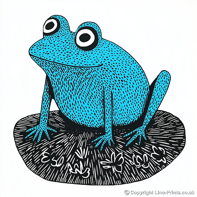 Frog on lily pad Linoprint-Style Art (715-1)
