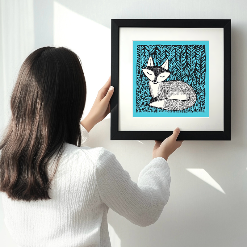 Ferns with resting fox Linoprint-Style Art (713-1)