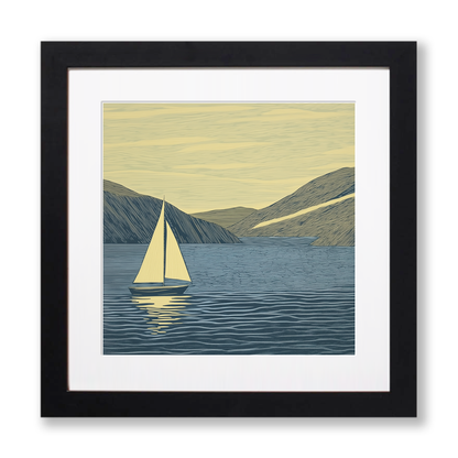 Sailing boat silhouette on the water Linoprint-Style Art (2528-1)