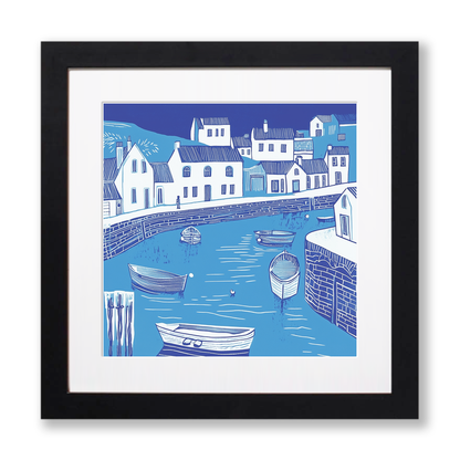 Mevagissey Harbour, Cornwall Linoprint-Style Art (1095-2)