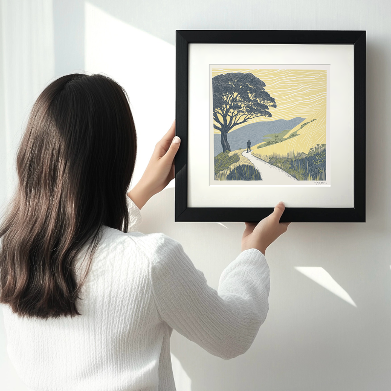 Wall silhouette leading towards a silhouetted tree Linoprint-Style Art (2593-4)