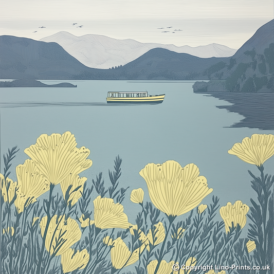 Keswick launch crossing Derwentwater Linoprint-Style Art (2470-1)