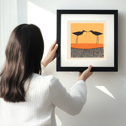 Redshanks feeding at the edge Linoprint-Style Art (2119-1)