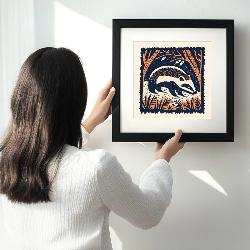 Badger emerging from sett Linoprint-Style Art (83-2)