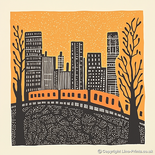 Chicago elevated train tracks Linoprint-Style Art (169-1)