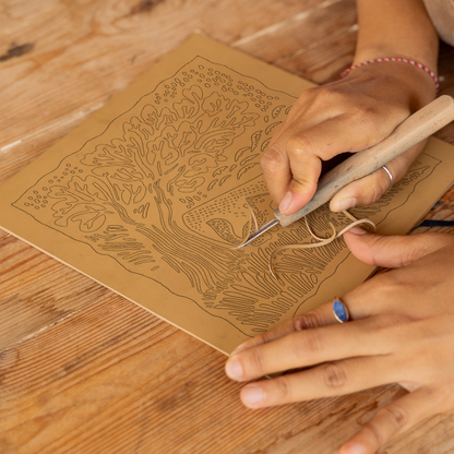Oak tree with squirrel Linoprint-Style Art (102-3)