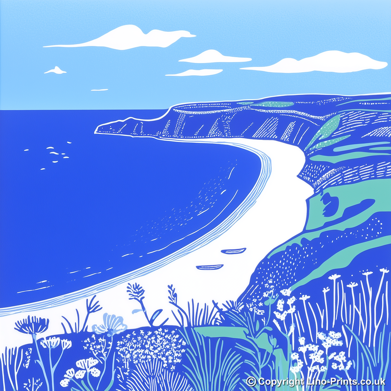 Rhossili Bay, Gower Peninsula Linoprint-Style Art (1103-1)