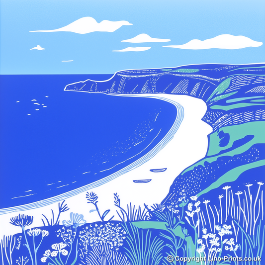 Rhossili Bay, Gower Peninsula Linoprint-Style Art (1103-1)