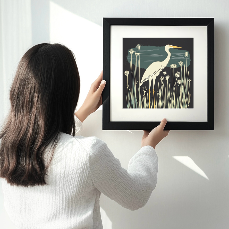 Egret stalking in the reeds Linoprint-Style Art (1882-1)