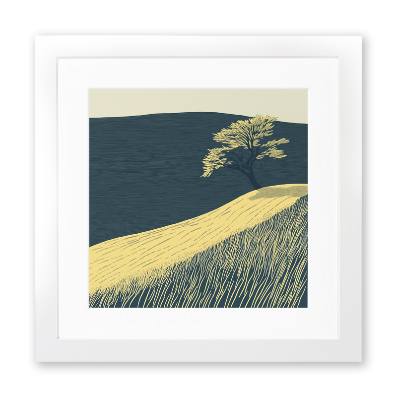 Lone windswept tree silhouette on a hill Linoprint-Style Art (2480-1)