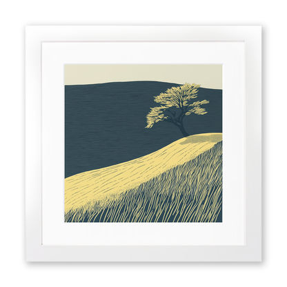 Lone windswept tree silhouette on a hill Linoprint-Style Art (2480-1)