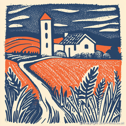 Church tower rising from flat fields Linoprint-Style Art (1969-1)