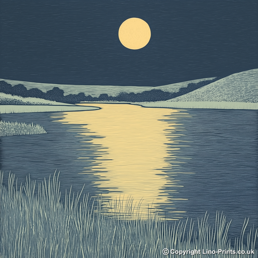 Moonlight reflecting on dark lake Linoprint-Style Art (2487-1)