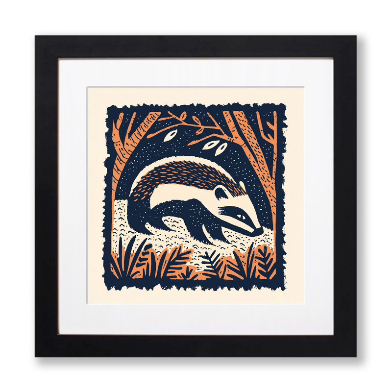 Badger emerging from sett Linoprint-Style Art (83-2)