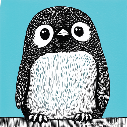 Cute Penguin Chick Linoprint-Style Art (636-1)
