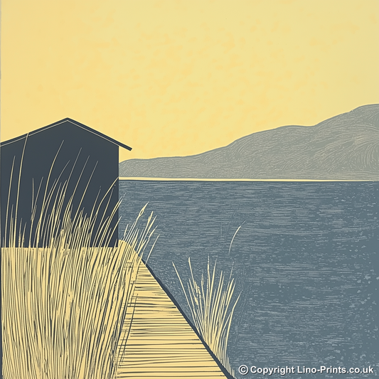 Boathouse silhouette on lake edge Linoprint-Style Art (2371-1)