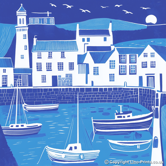 Mevagissey Harbour, Cornwall Linoprint-Style Art (1095-1)