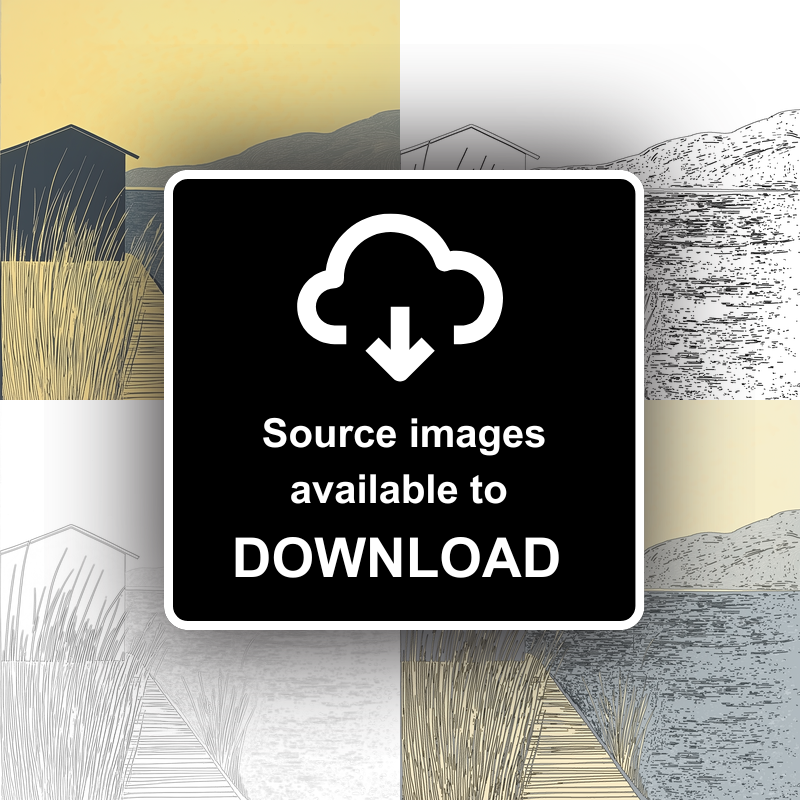 Boathouse silhouette on lake edge Linoprint-Style Art (2371-1)