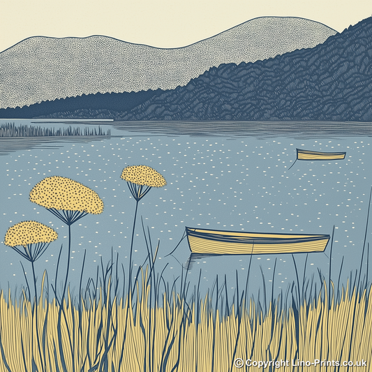 Windermere lake shore with boats Linoprint-Style Art (2604-2)