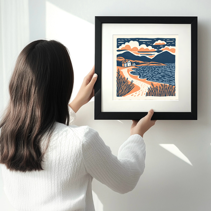 Luskentyre Beach, Isle of Harris Linoprint-Style Art (139-3)