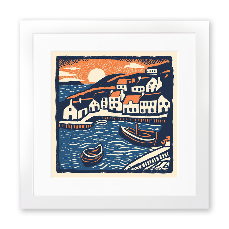 Mousehole Harbour, Cornwall Linoprint-Style Art (142-1)