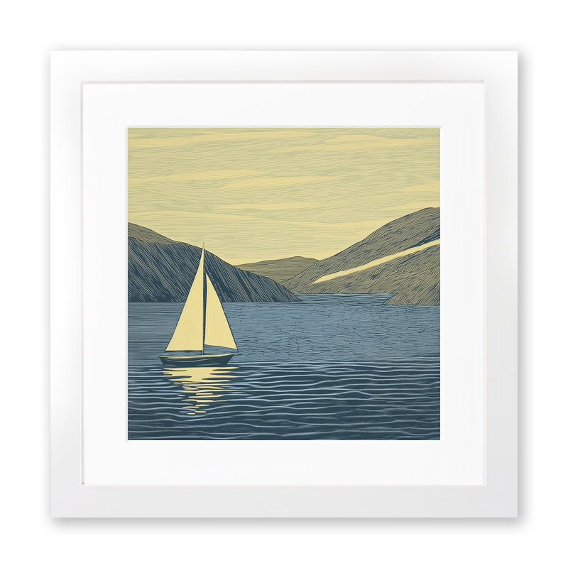 Sailing boat silhouette on the water Linoprint-Style Art (2528-1)