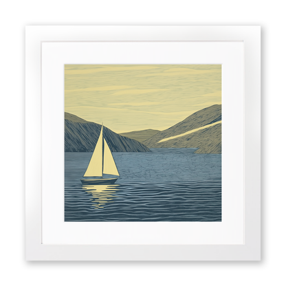 Sailing boat silhouette on the water Linoprint-Style Art (2528-1)