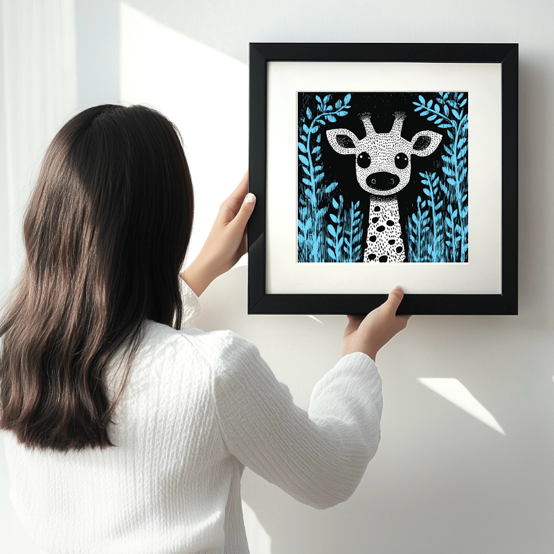 Cute Giraffe Calf Linoprint-Style Art (623-1)