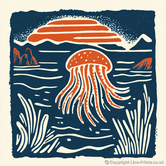 Jellyfish drifting in deep water Linoprint-Style Art (96-2)