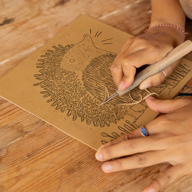 Cute Hedgehog Linoprint-Style Art (626-1)