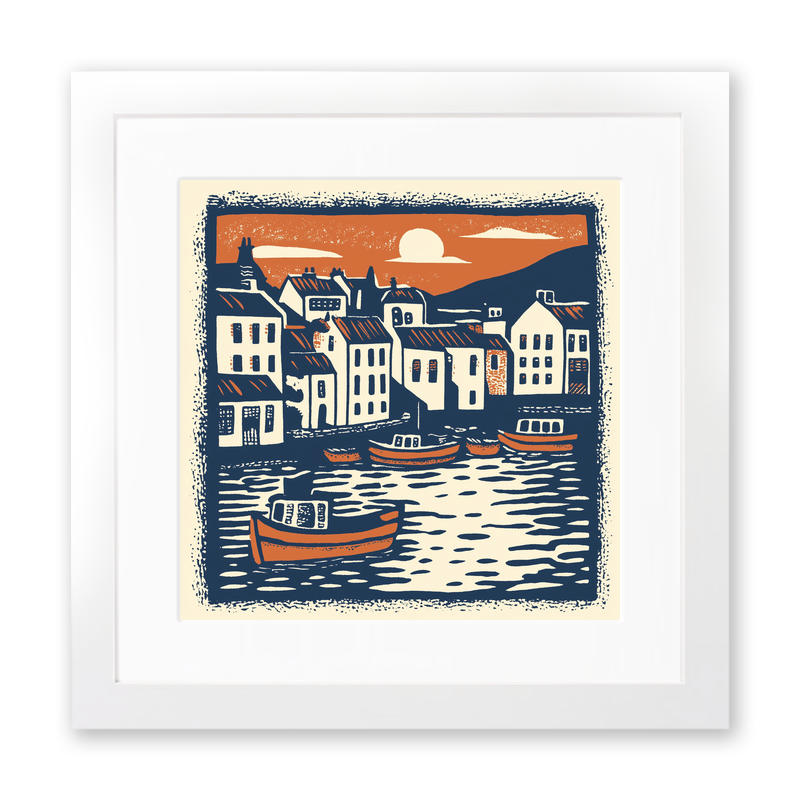 Brixham Harbour, Devon Linoprint-Style Art (127-1)