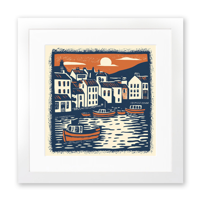 Brixham Harbour, Devon Linoprint-Style Art (127-1)